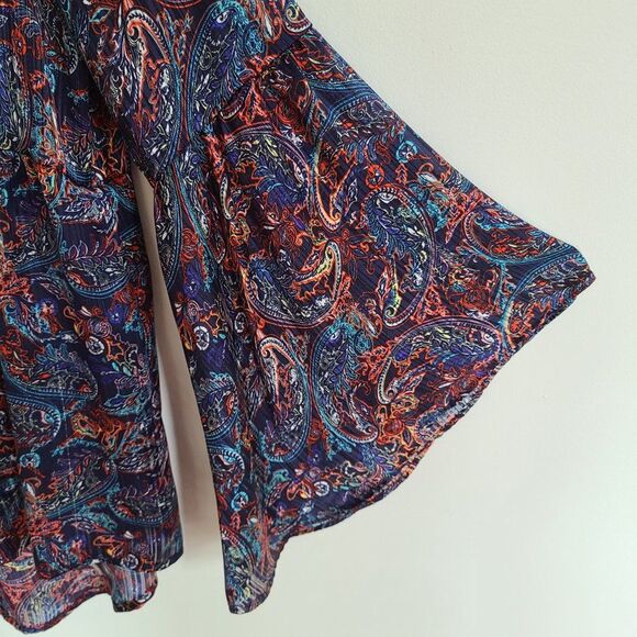 Relativity Black Paisley Gathered Blouse Multi Color 3/4 Bell Sleeve Sz Medium - Picture 7 of 16